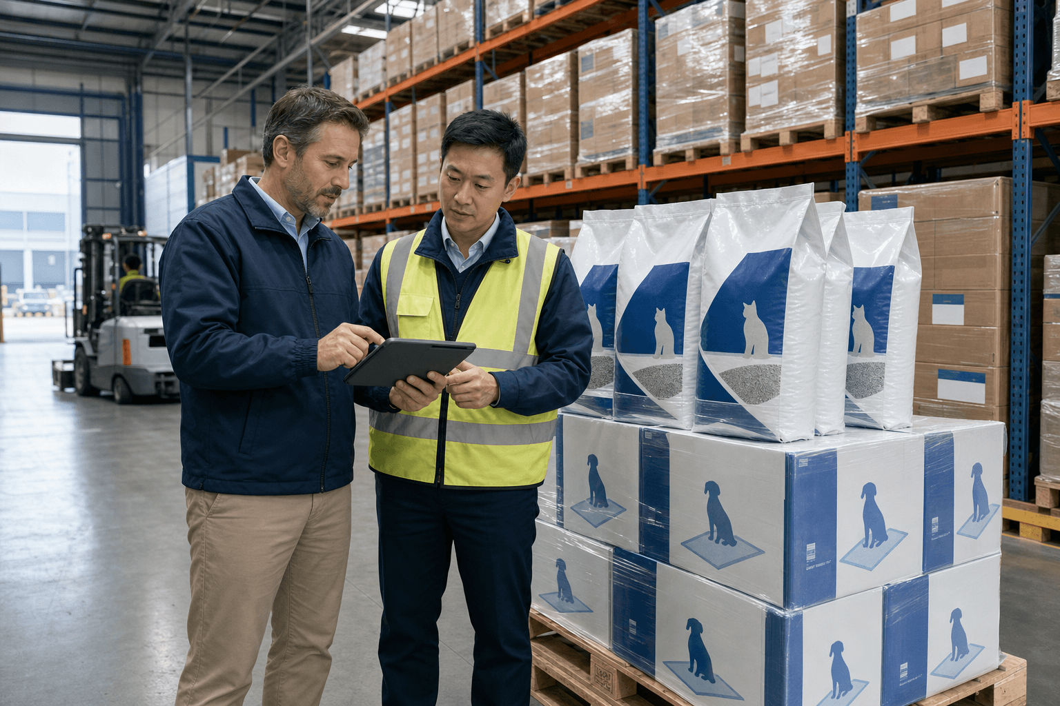 Pet product distributor reviewing mixed-SKU inventory in an export warehouse