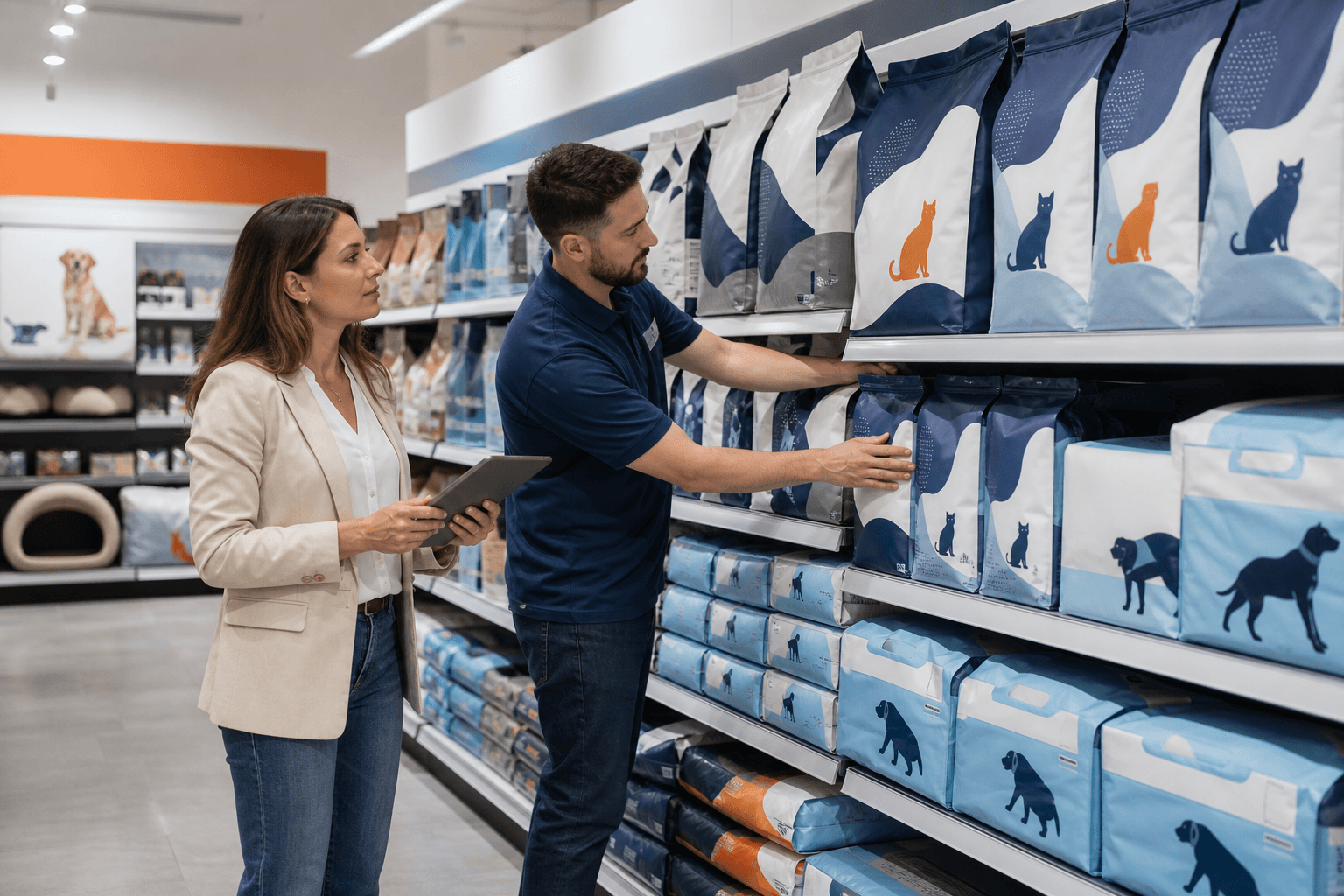 Retail category manager reviewing a supermarket pet care display
